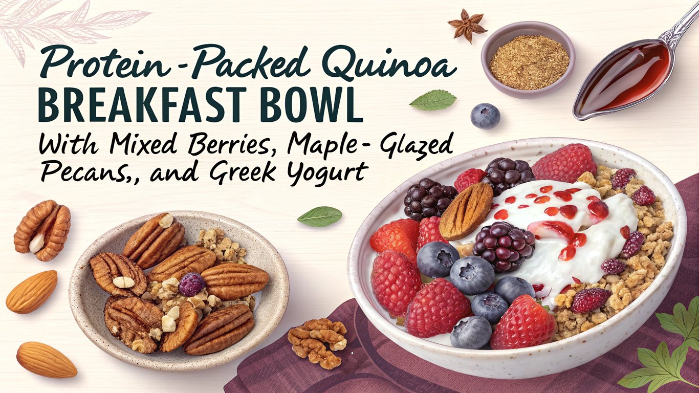 Protein-Packed Quinoa Breakfast Bowl with Mixed Berries, Maple-Glazed Pecans, and Greek Yogurt