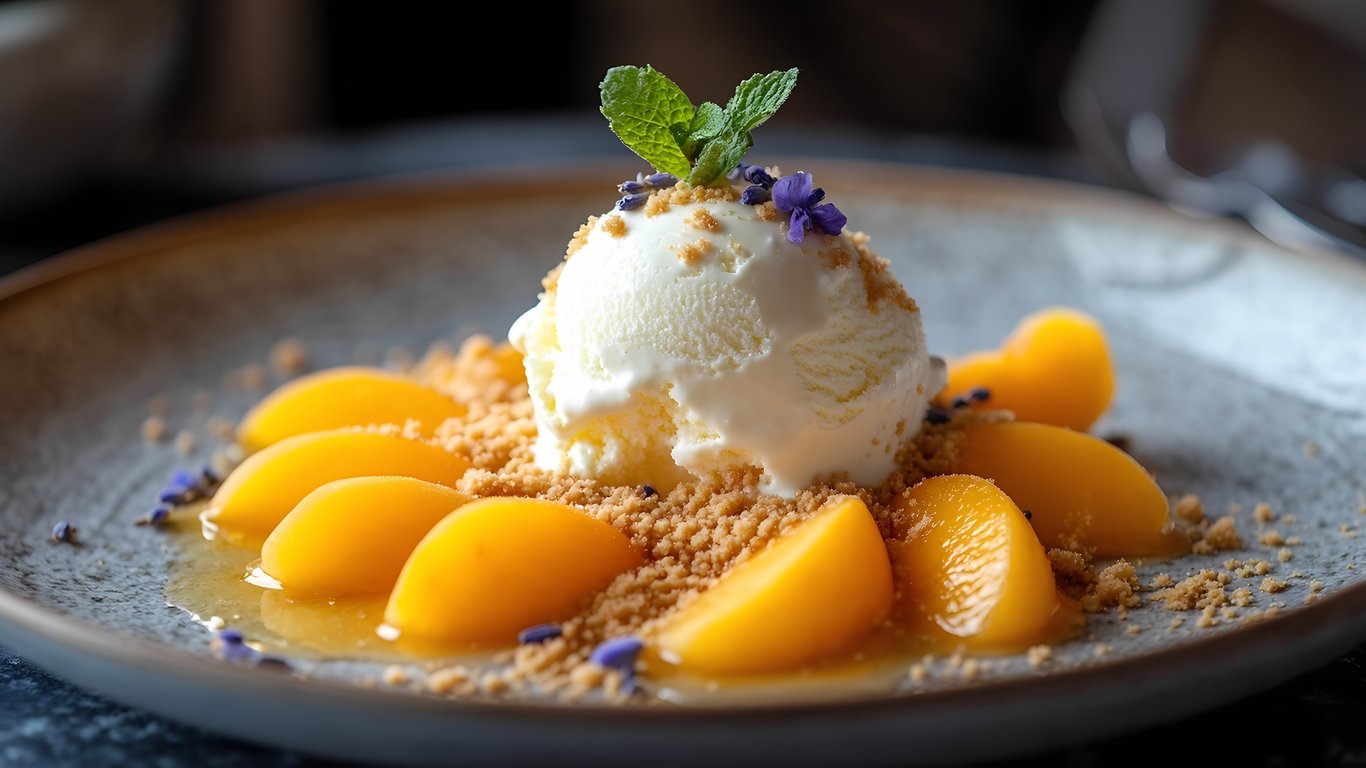 Lavender Honey Mascarpone Ice Cream with Fresh Peach Compote and Shortbread Crumble