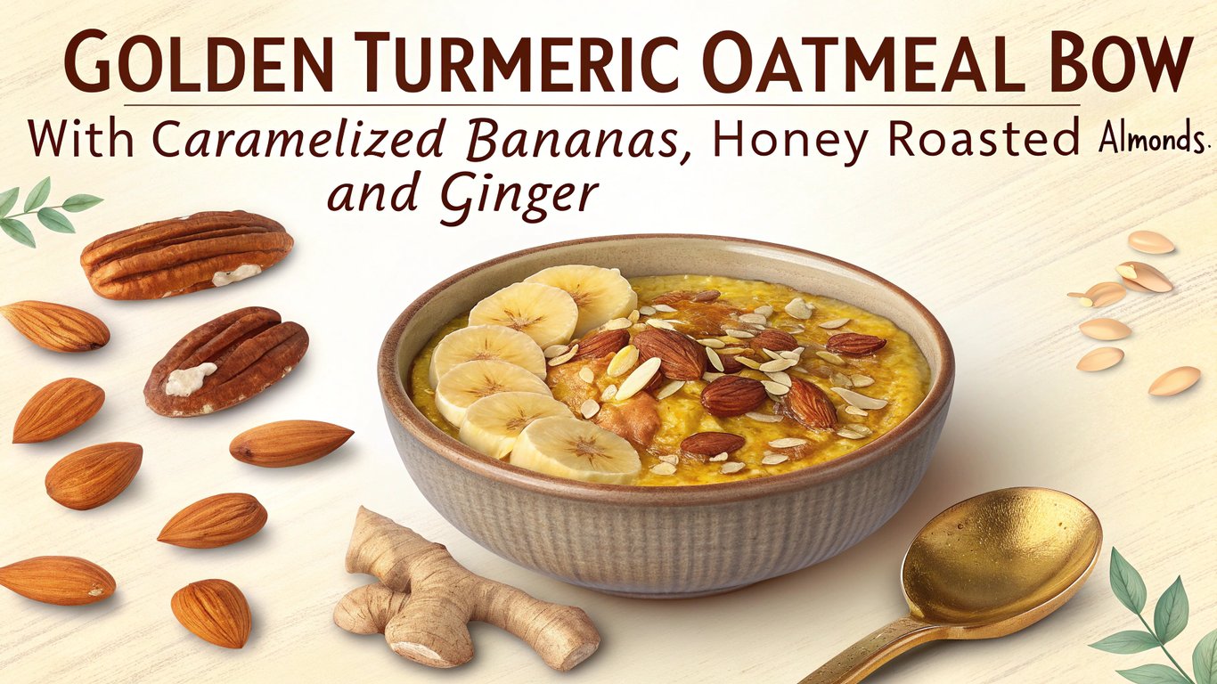 Golden Turmeric Oatmeal Bowl with Caramelized Bananas, Honey Roasted Almonds, and Ginger