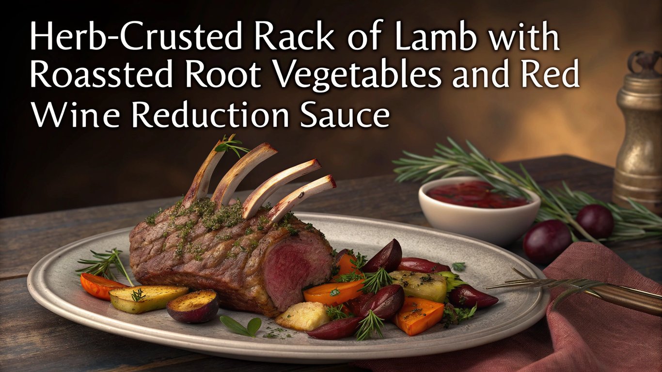 Herb-Crusted Rack of Lamb with Roasted Root Vegetables and Red Wine Reduction Sauce